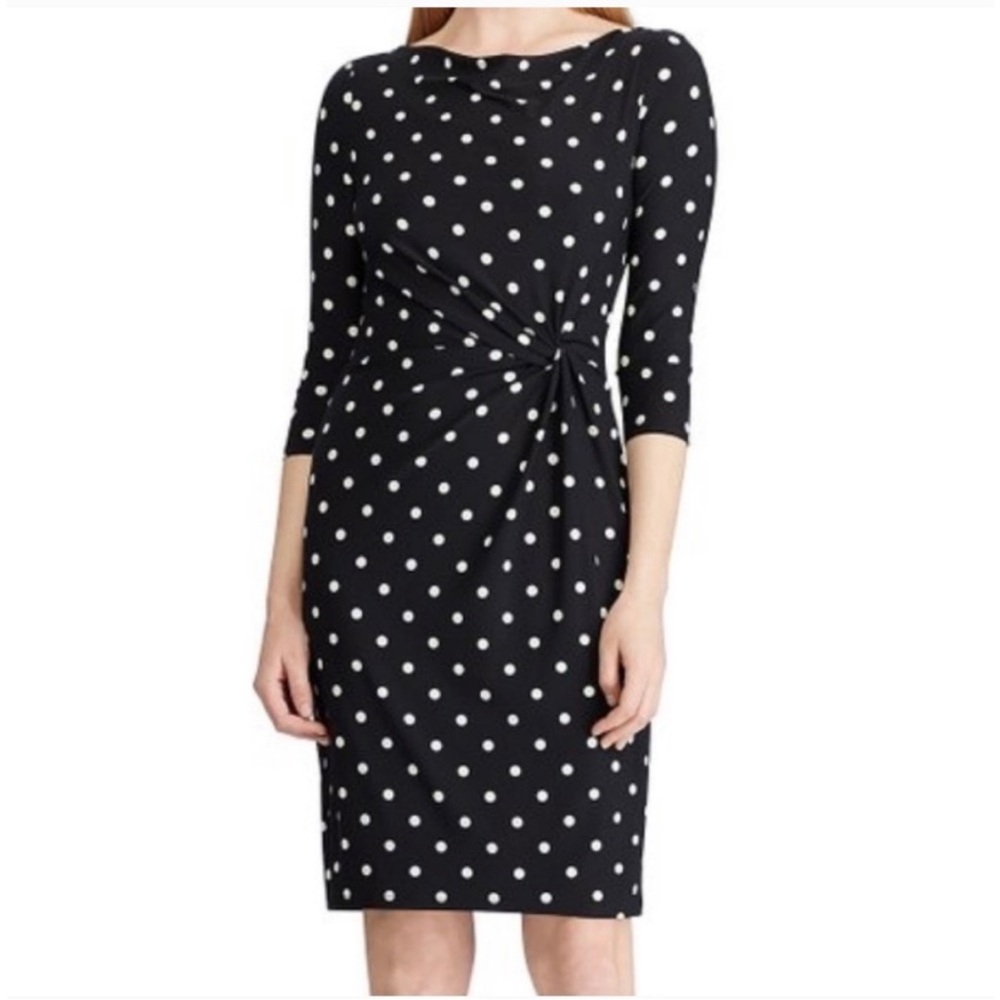 Ralph Lauren Dress Sheath Blue W/ DOTS Faux Wrap Ruches 3/4 Sleeve V-Neck Sz 4